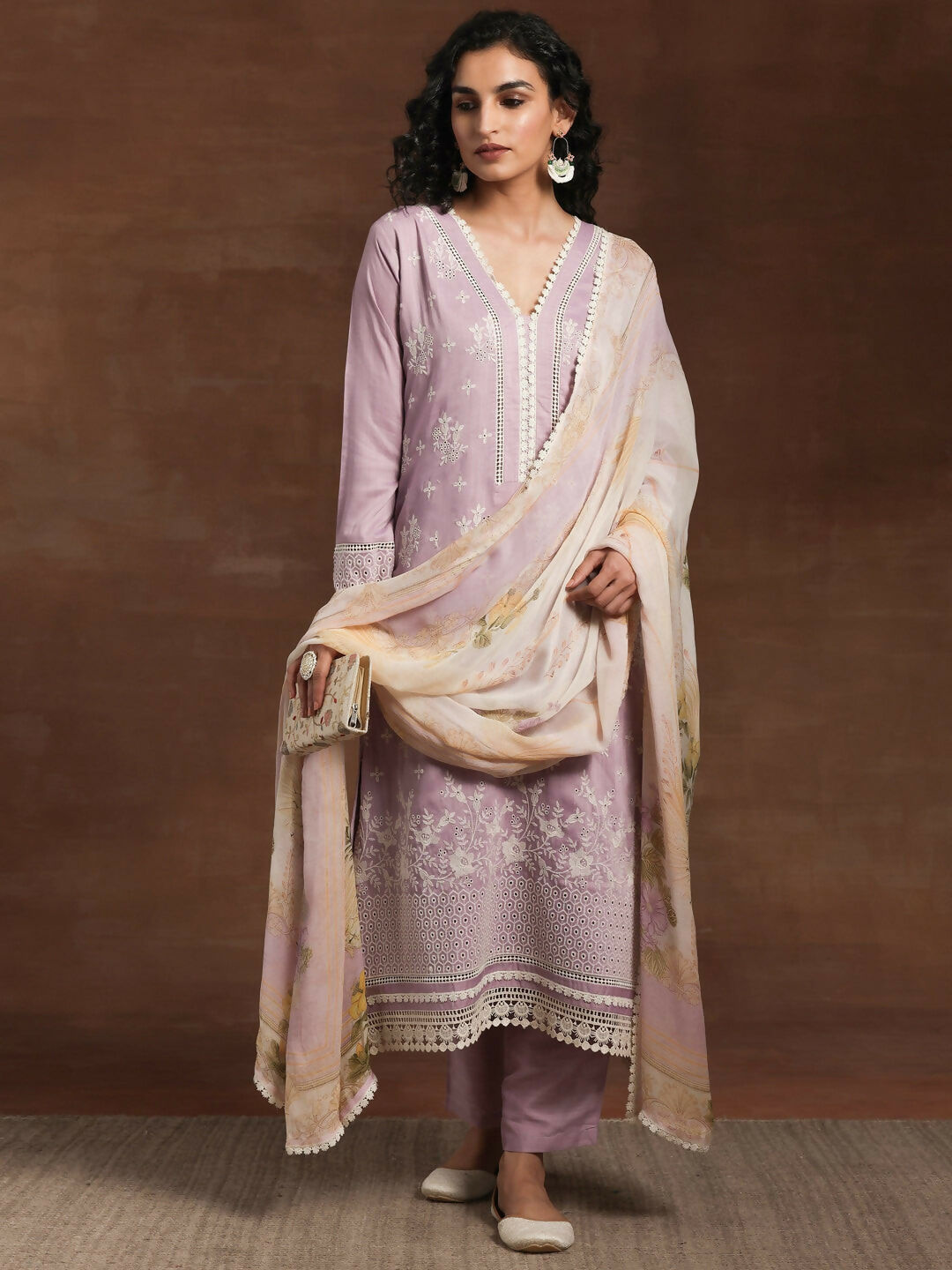 Women's LB Lilac Embroidered Silk Blend Straight Suit With Dupatta