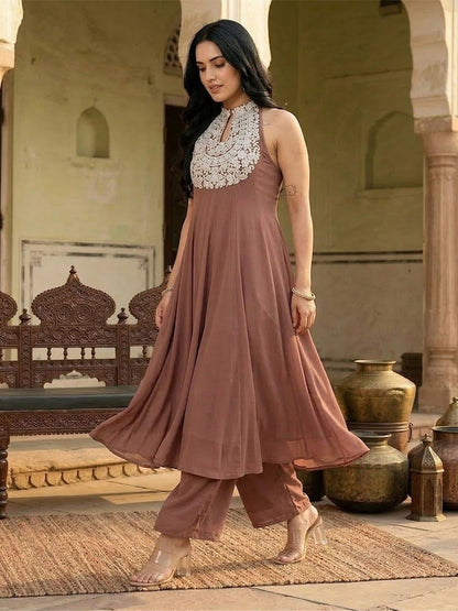 Camel Brown Floral Embroidered Panelled Silk Georgette Anarkali Kurta With Trouser