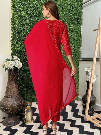 Dhiyona KL Women Bandhani Printed Regular Gotta Patti Kurta with Trousers & With Dupatta