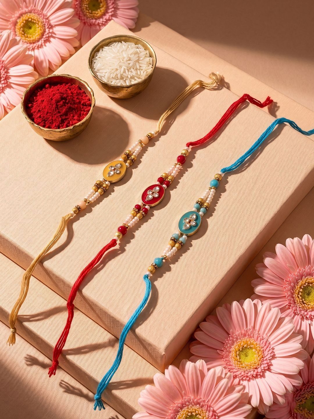 Dhiyona Set Of 3 Multicolor Artificial Beads & White Pearls Thread Rakhi With Roli Chawal