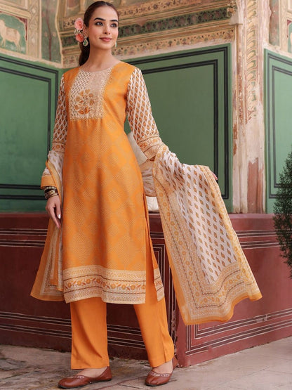 Dhiyona RR Women's Printed Chanderi Cotton Kurta with Trousers & Dupatta