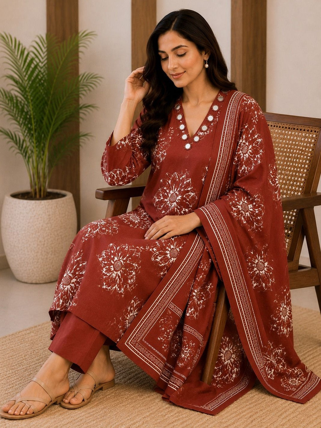 Women Floral Printed Regular Mirror Work Pure Cotton Kurta with Trousers & With Dupatta