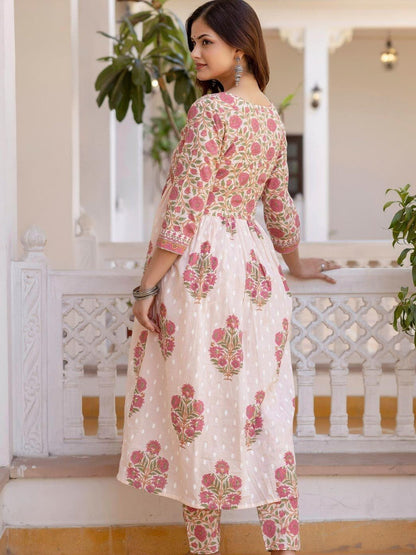 Printed Pure Cotton V-Neck A-Line Kurta & Trousers With Dupatta