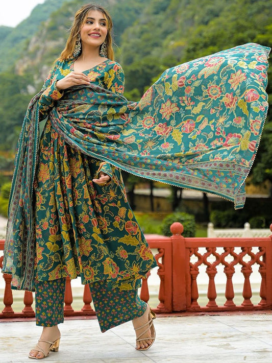 Dhiyona KL Floral Printed V-Neck Pure Cotton A-Line Kurta With Trousers & Dupatta