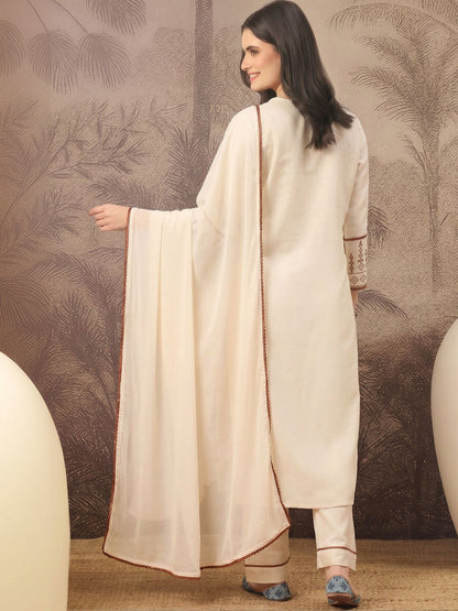 Women Embroidered Regular Pure Cotton Kurta with Trousers & With Dupatta