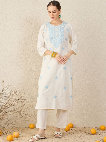 Women Floral Embroidered Cotton Kurta with Trousers & Dupatta