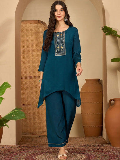 Women Ethnic Motifs Embroidered Asymmetric Sequinned Kurti with Palazzos
