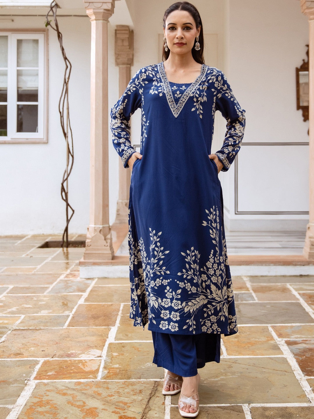 Embroidered & Printed V-Neck Kurta & Palazzos