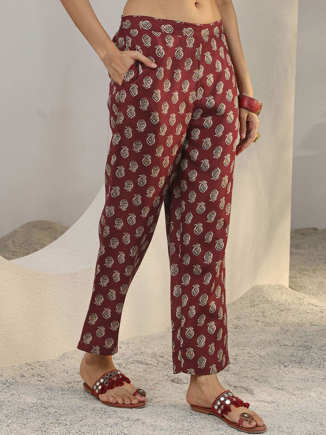 Libas Maroon Floral Printed Cotton Blend Straight Suit Set With Dupatta
