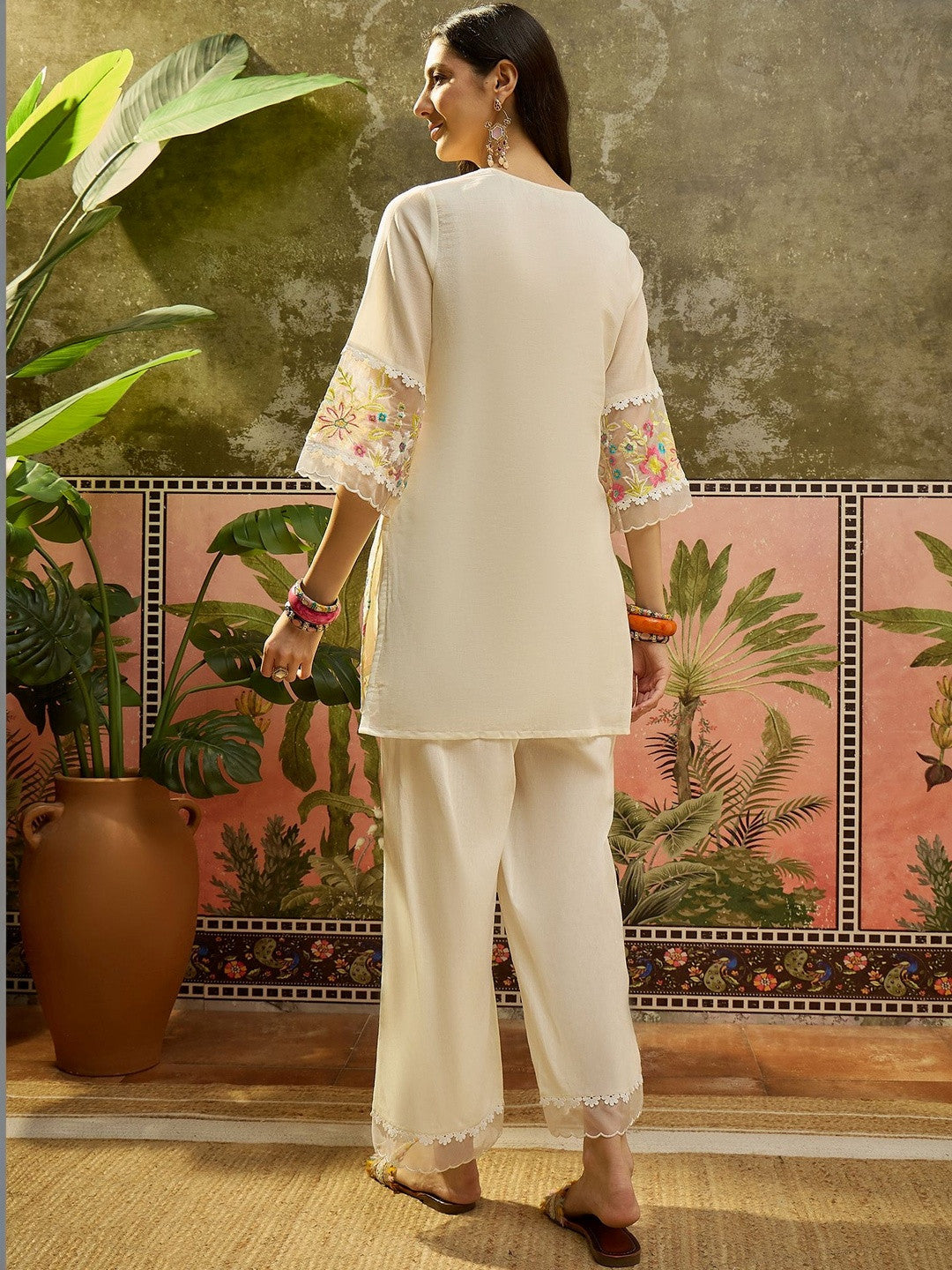 Embroidered Pure Cotton Round Neck Kurti & Trousers
