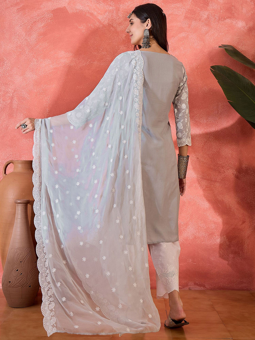 Women Floral Embroidered Cotton Kurta with Trousers & Dupatta