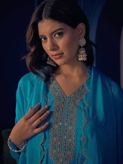 Embroidered V-Neck Kurta & Salwar With Dupatta