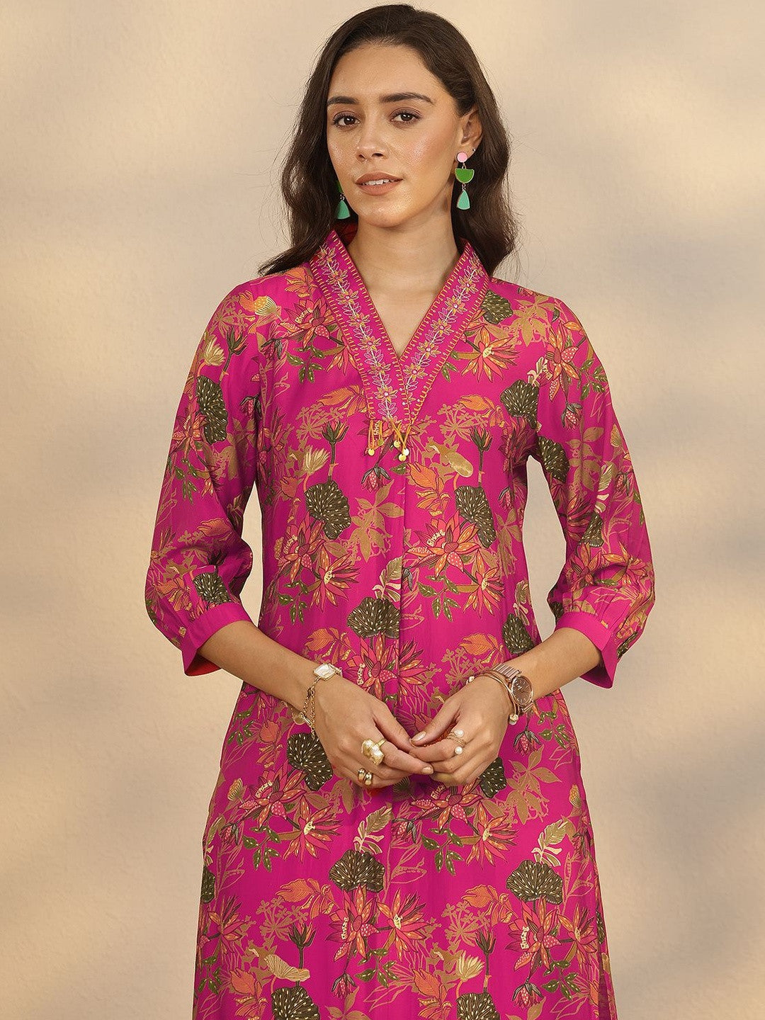 Floral Printed V-Neck Straight Kurta With Trousers & Dupatta