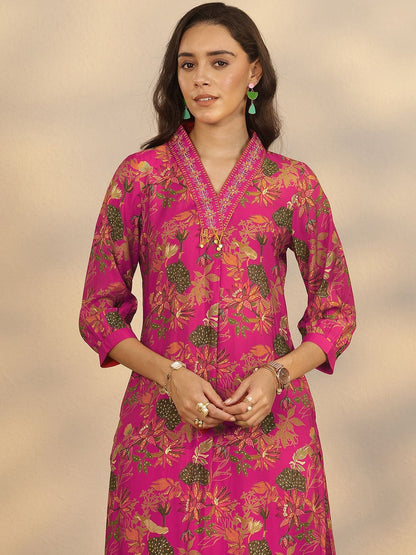 Floral Printed V-Neck Straight Kurta With Trousers & Dupatta