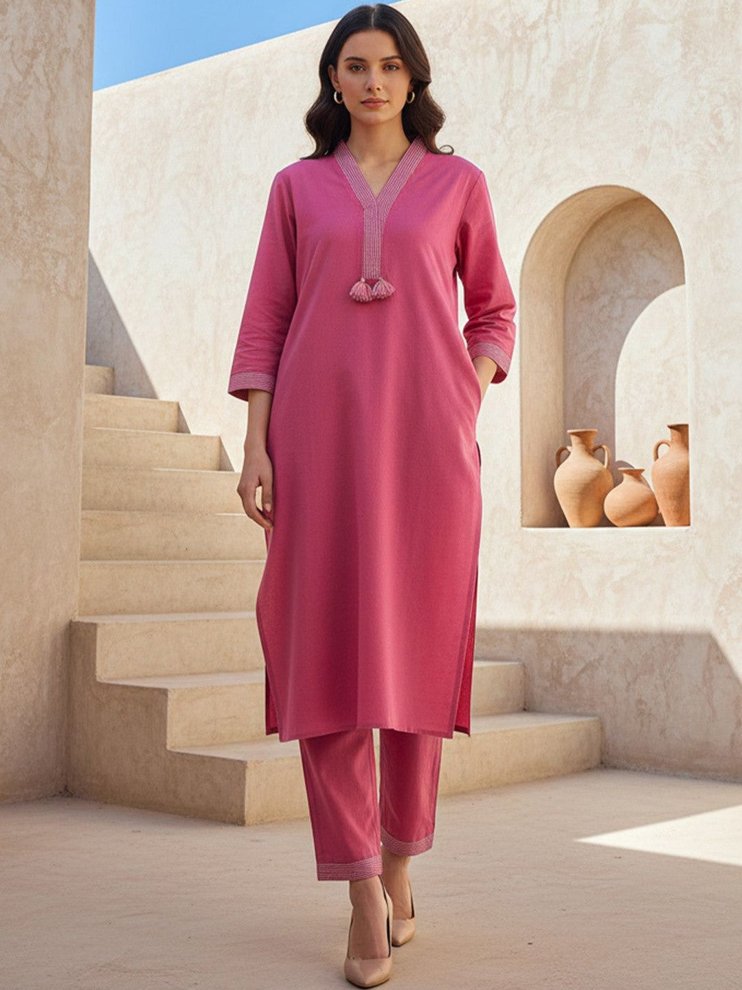 Women Regular Thread Work Kurta with Trousers