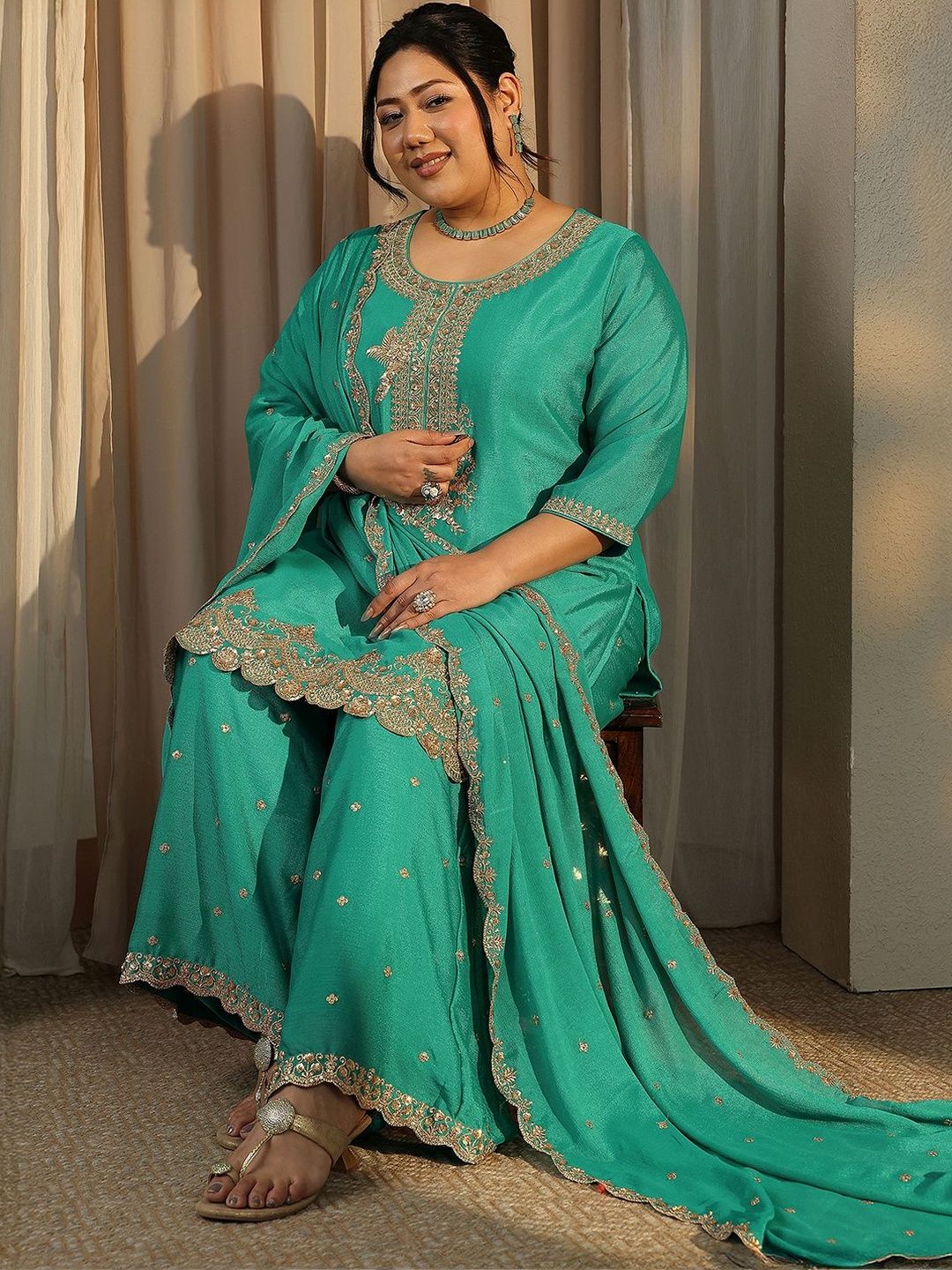 Dhiyona Women's Plus Size Ethnic Motifs Embroidered Kurta with Palazzo & Dupatta