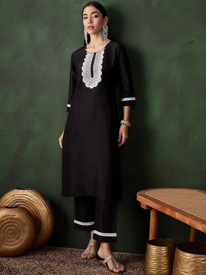 Black Floral Embroidered Three-Quarter Sleeves Chikankari Work Kurta With Trouser