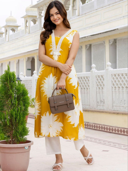 Printed Viscose Rayon V-Neck Kurta & Trousers