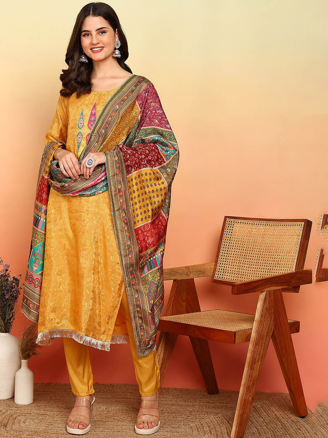Floral Woven Design Round Neck Tissue Straight Kurta With Trousers & Dupatta
