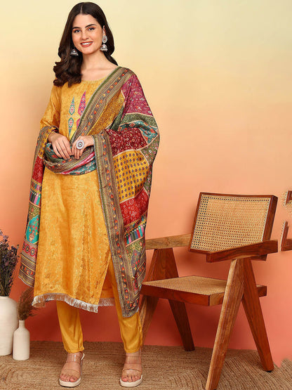 Floral Woven Design Round Neck Tissue Straight Kurta With Trousers & Dupatta