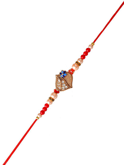 Dhiyona Gold-Toned Stone-Studded & Beaded Rakhi With Roli Chawal & Greeting Card