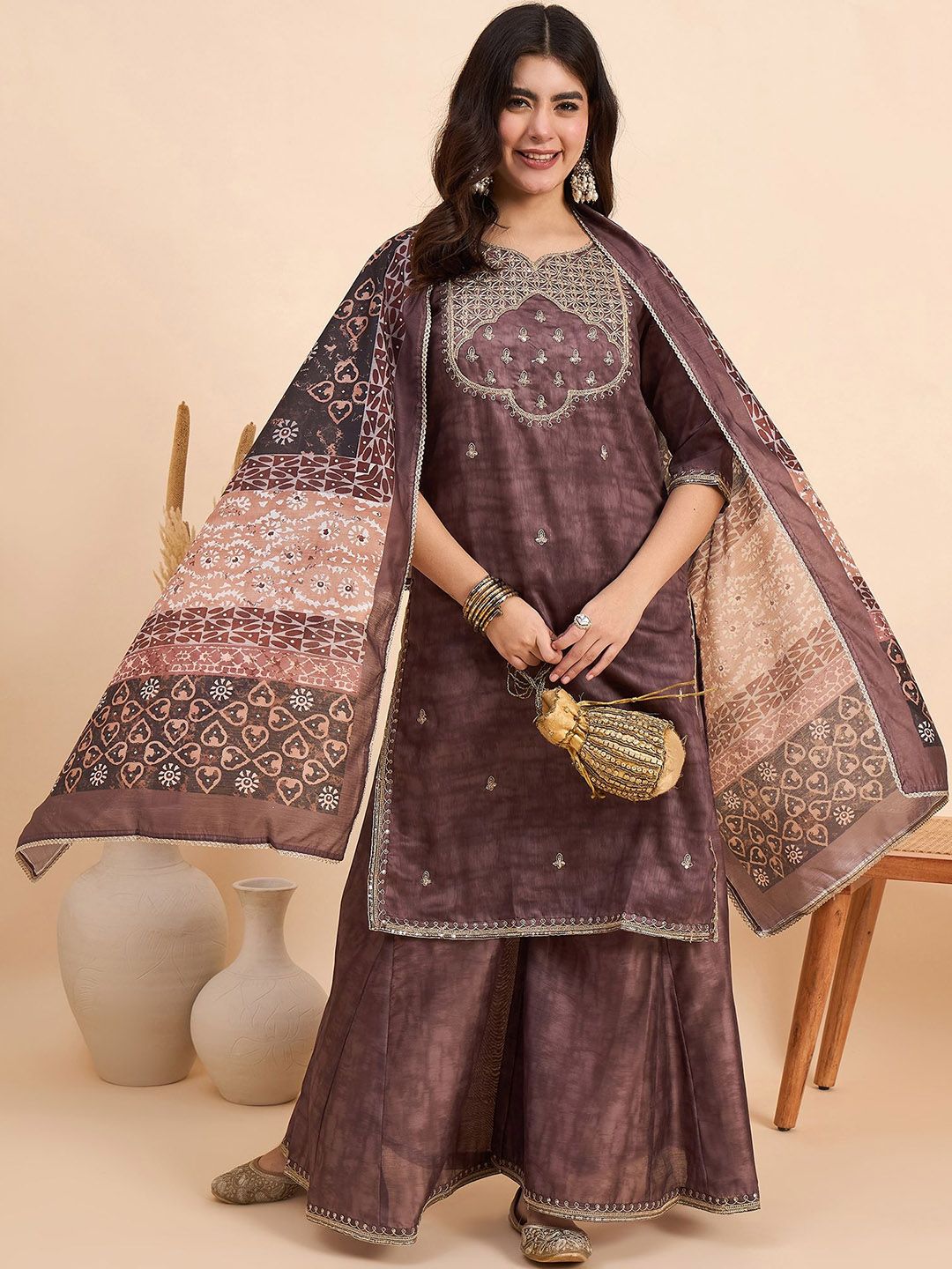 Dhiyona AN Ethnic Motifs Embroidered Sequinned Chanderi Silk Kurta With Sharara & Dupatta
