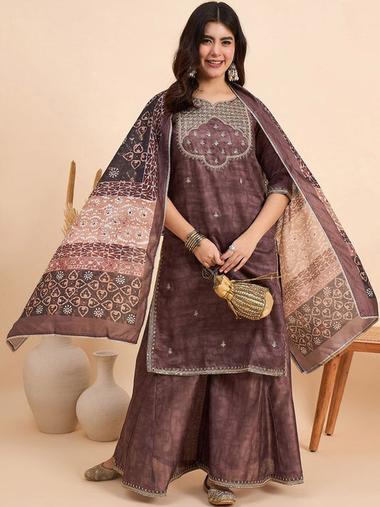 Dhiyona AN Ethnic Motifs Embroidered Sequinned Chanderi Silk Kurta With Sharara & Dupatta