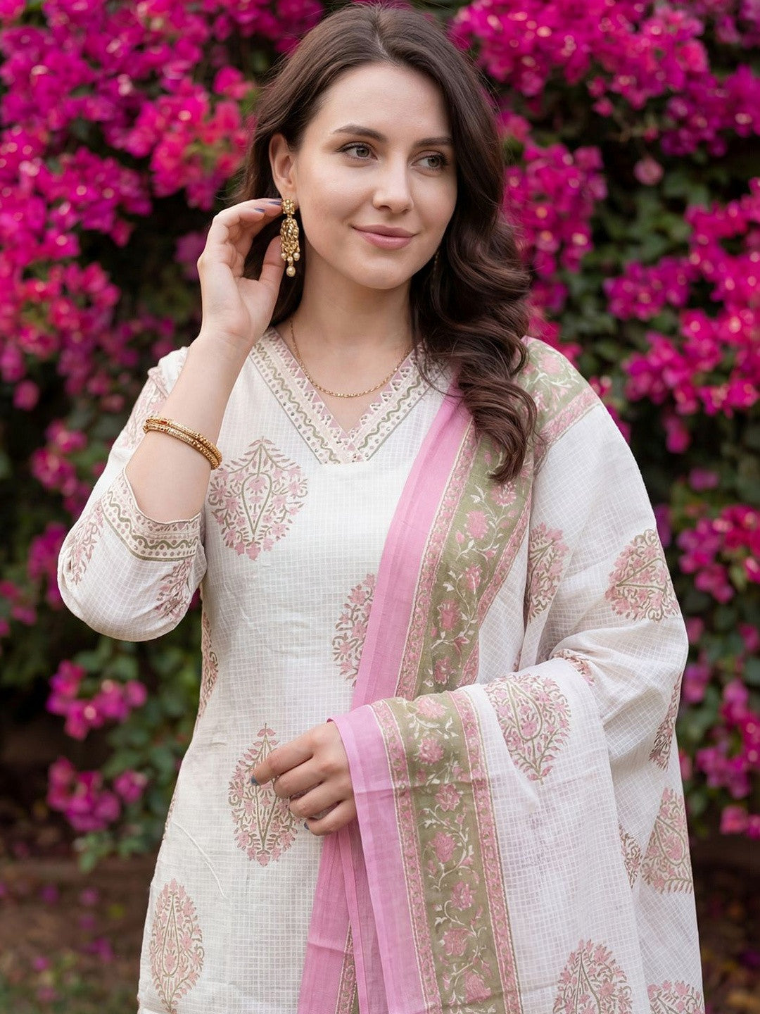 Women Floral Printed Regular Beads and Stones Pure Cotton Kurta with Salwar & With Dupatta