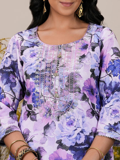 Women Floral Printed Regular Thread Work Kurta with Trousers & With Dupatta
