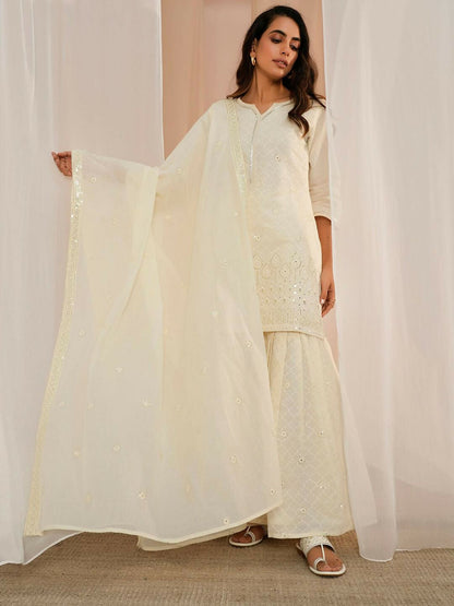 Women's LB Off White Embroidered Cotton Straight Suit With Dupatta