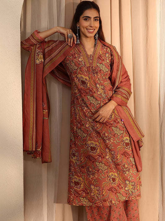 Women Floral Printed Regular Thread Work Kurta with Palazzos & With Dupatta