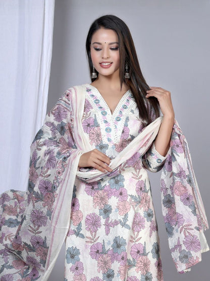 Dhiyona KL Women Floral Printed Regular Pure Cotton Kurta with Trousers & With Dupatta