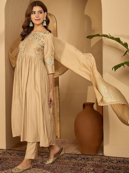 Women Beige Embroidered Kurta Sets With Dupatta
