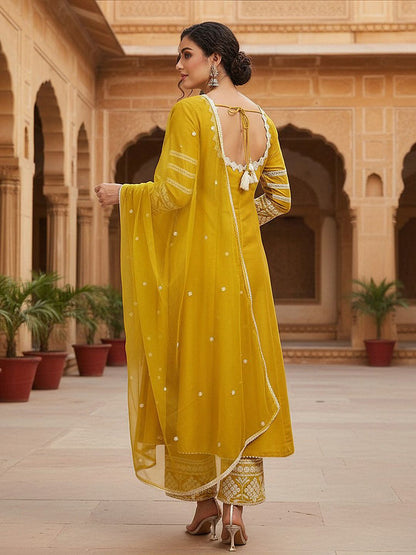 Dhiyona KL Embroidered Thread Work Kurta with Palazzos & Dupatta