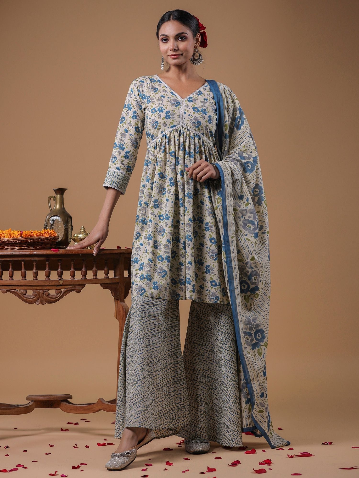 Dhiyona AN Floral Printed Empire Pure Cotton A-Line Kurta with Sharara & Dupatta