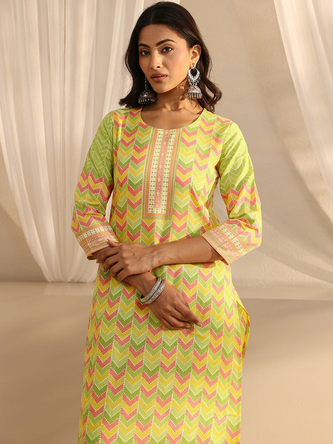 Libas Green Chevron Printed Straight Suit Set with Dupatta