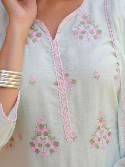 Dhiyona SC Women Solid Embroidered Cotton Kurti with Sharara & Dupatta