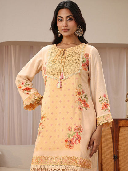 Peach Floral Printed Straight Kurta Set