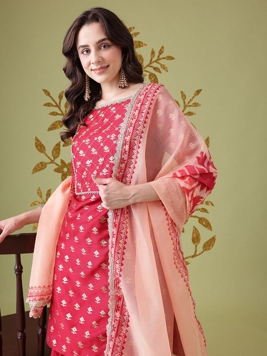 Dhiyona AN Floral Foil Printed Gotta Patti Detail Kurta with Sharara & Dupatta