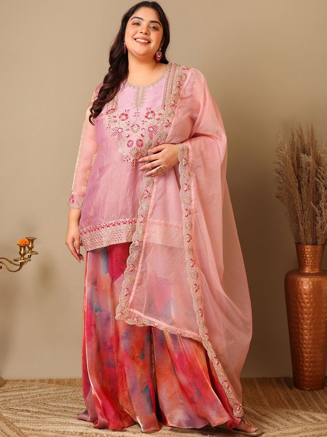 Dhiyona IN Plus Size Women Zari Thread Embroidered Crushed Organza Kurta Set with Dupatta