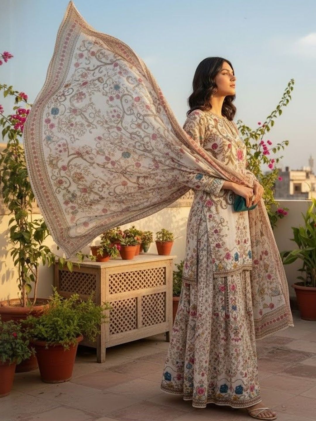 Dhiyona AN Floral Printed Keyhole Neck Straight Kurta With Sharara & Dupatta