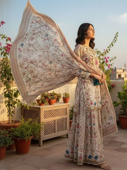 Dhiyona AN Floral Printed Keyhole Neck Straight Kurta With Sharara & Dupatta