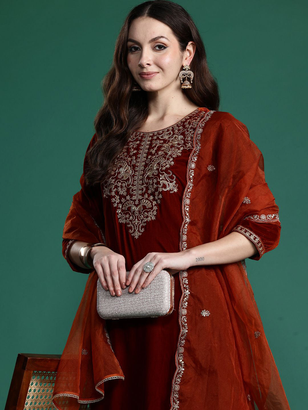 Women Embroidered Velvet Kurta with Trousers & Dupatta