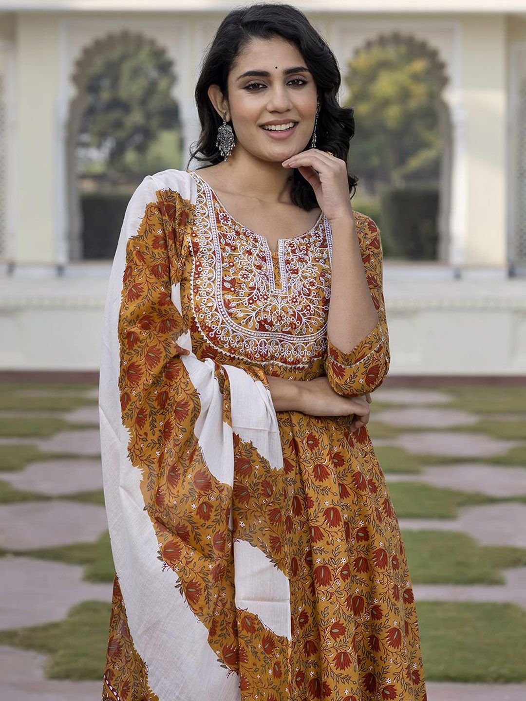 Dhiyona KL Floral Printed Thread Work Pure Cotton Anarkali Kurta With Trouser & Dupatta