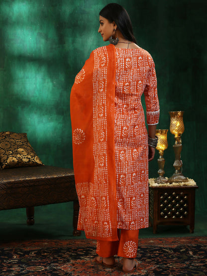 Women's LB Orange Printed Cotton Straight Suit With Dupatta