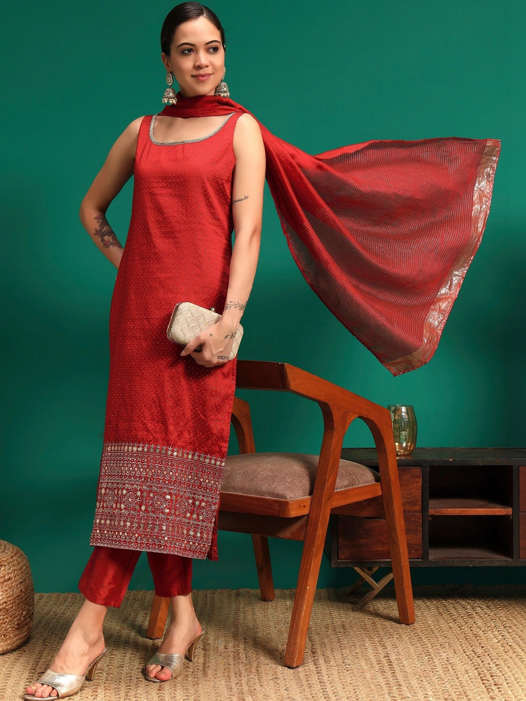 Dhiyona SN Women Ethnic Motifs Regular Kurta with Trousers & With Dupatta