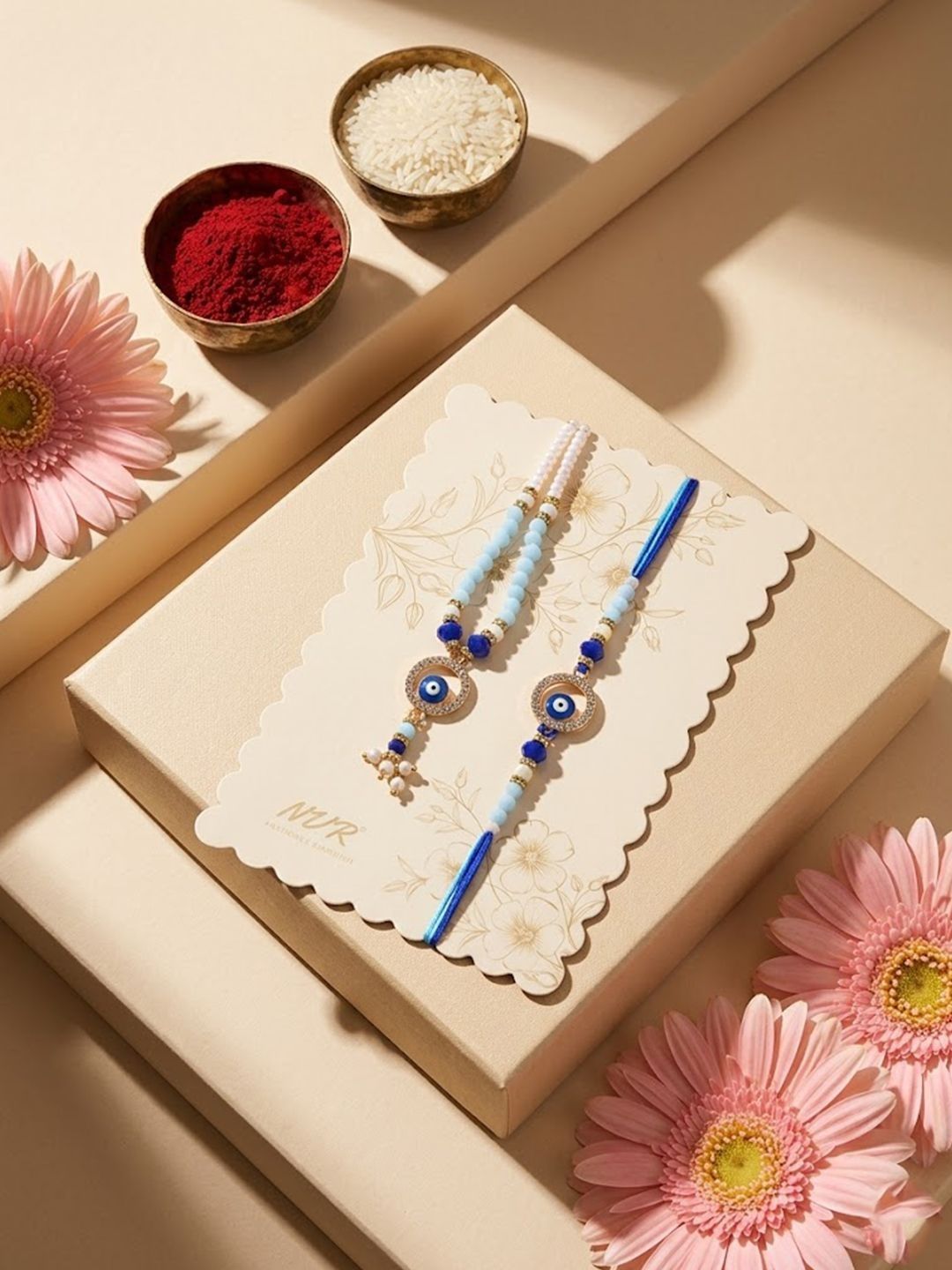 Dhiyona Set Of 2 Blue Evil Eye Gold Toned Beaded Bhaiya Bhabhi Rakhi