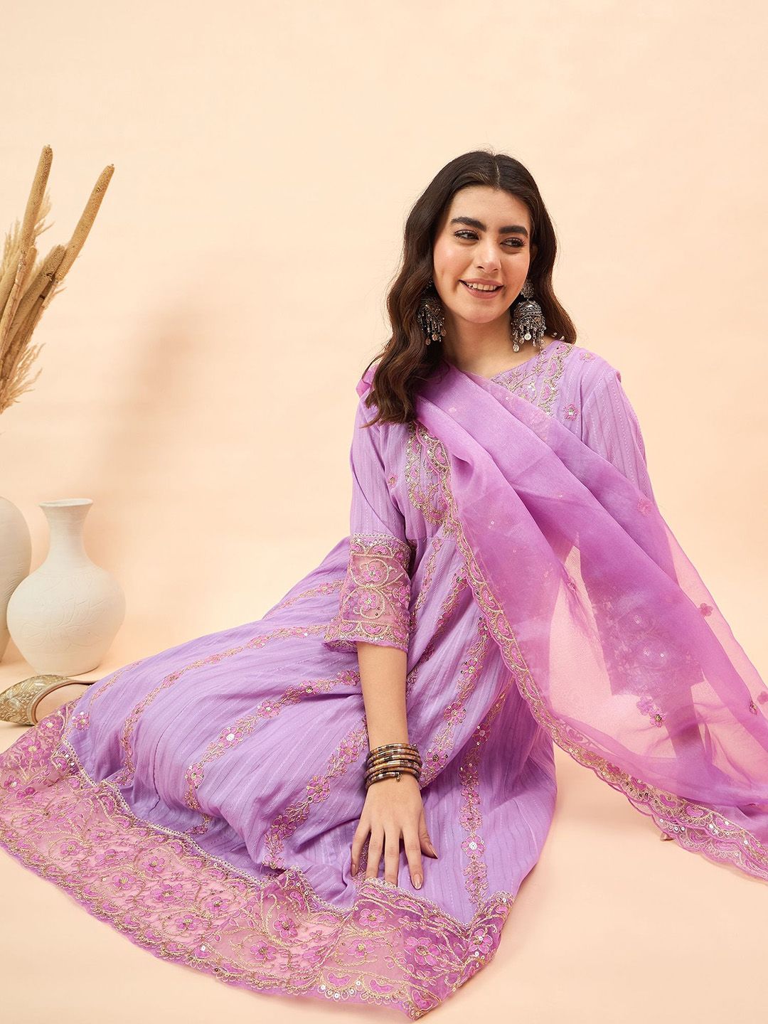 Dhiyona AN Floral Embroidered Sequinned Pure Cotton Kurta With Sharara & Dupatta