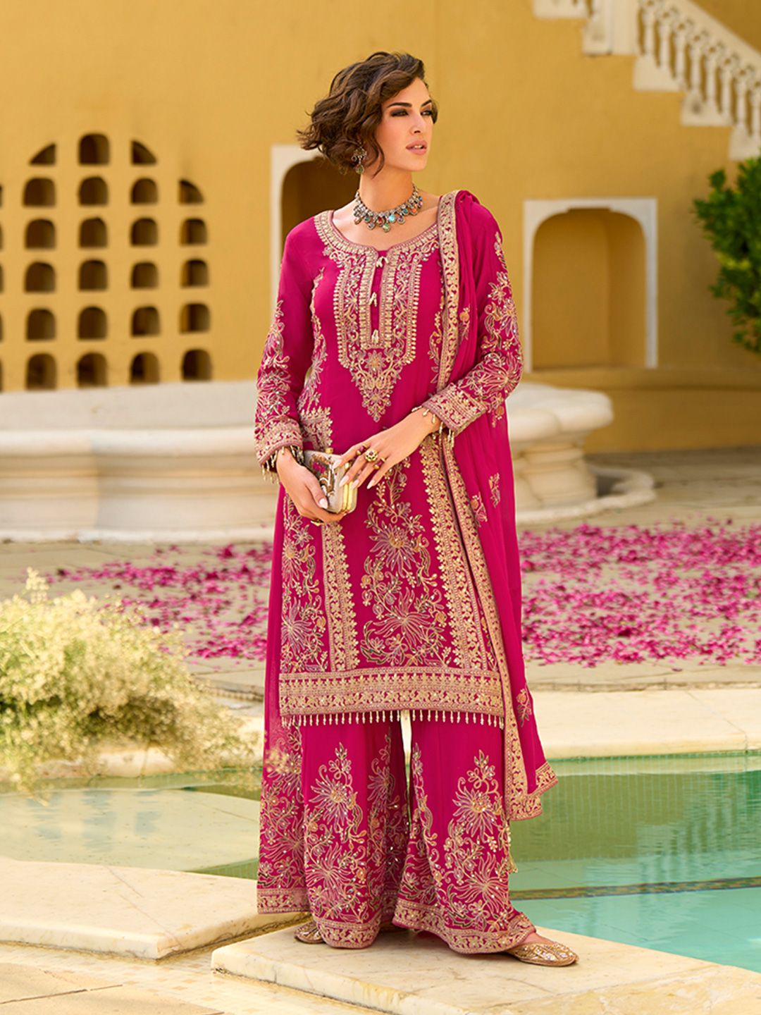 Dhiyona HOP Floral Embroidered Chinon Chiffon Kurta With Sharara & Dupatta