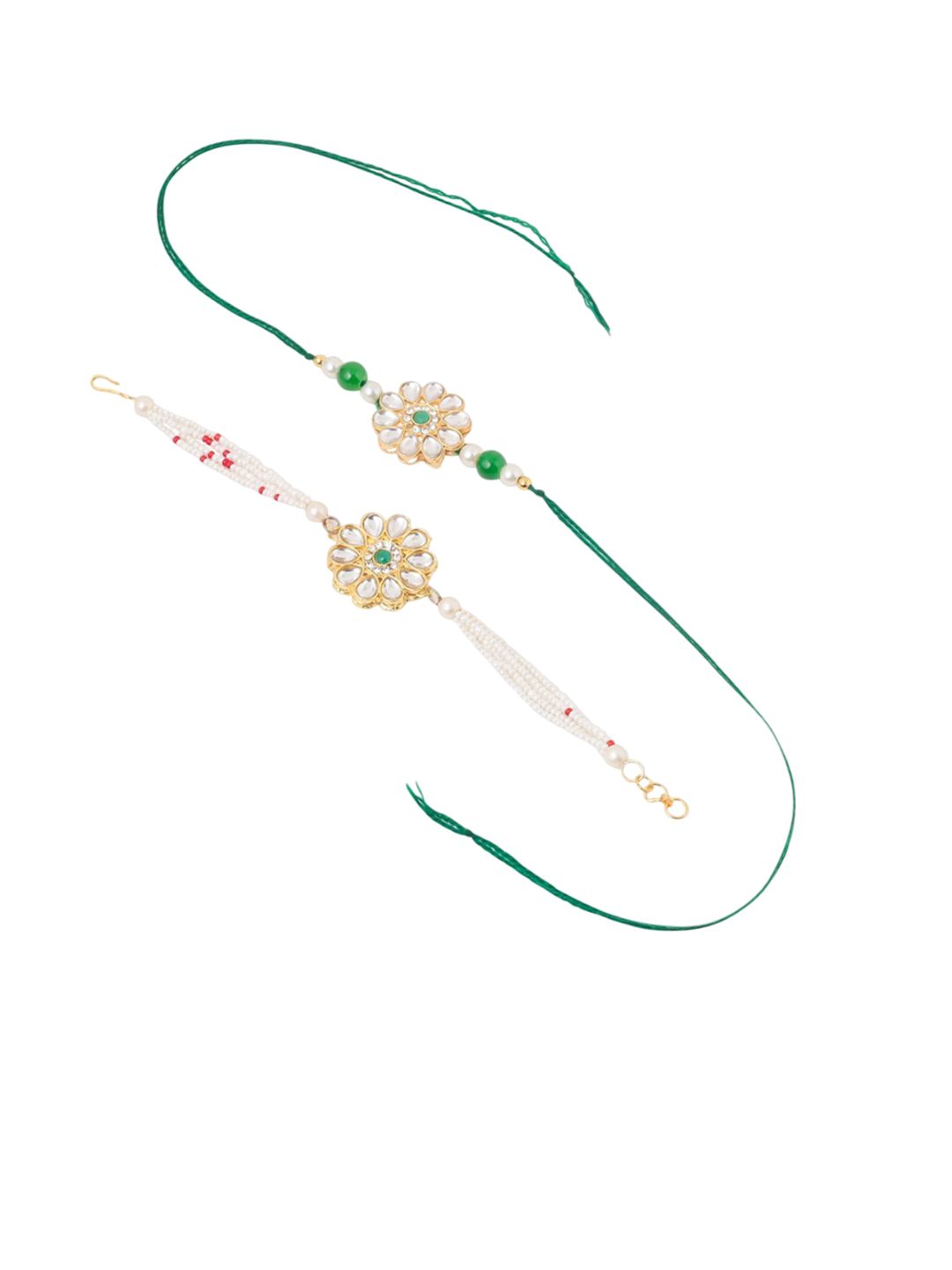 Dhiyona Set Of 2 Kundan Floral Design Gold Toned Bhaiya Bhabhi Rakhi Set With Roli Chawal